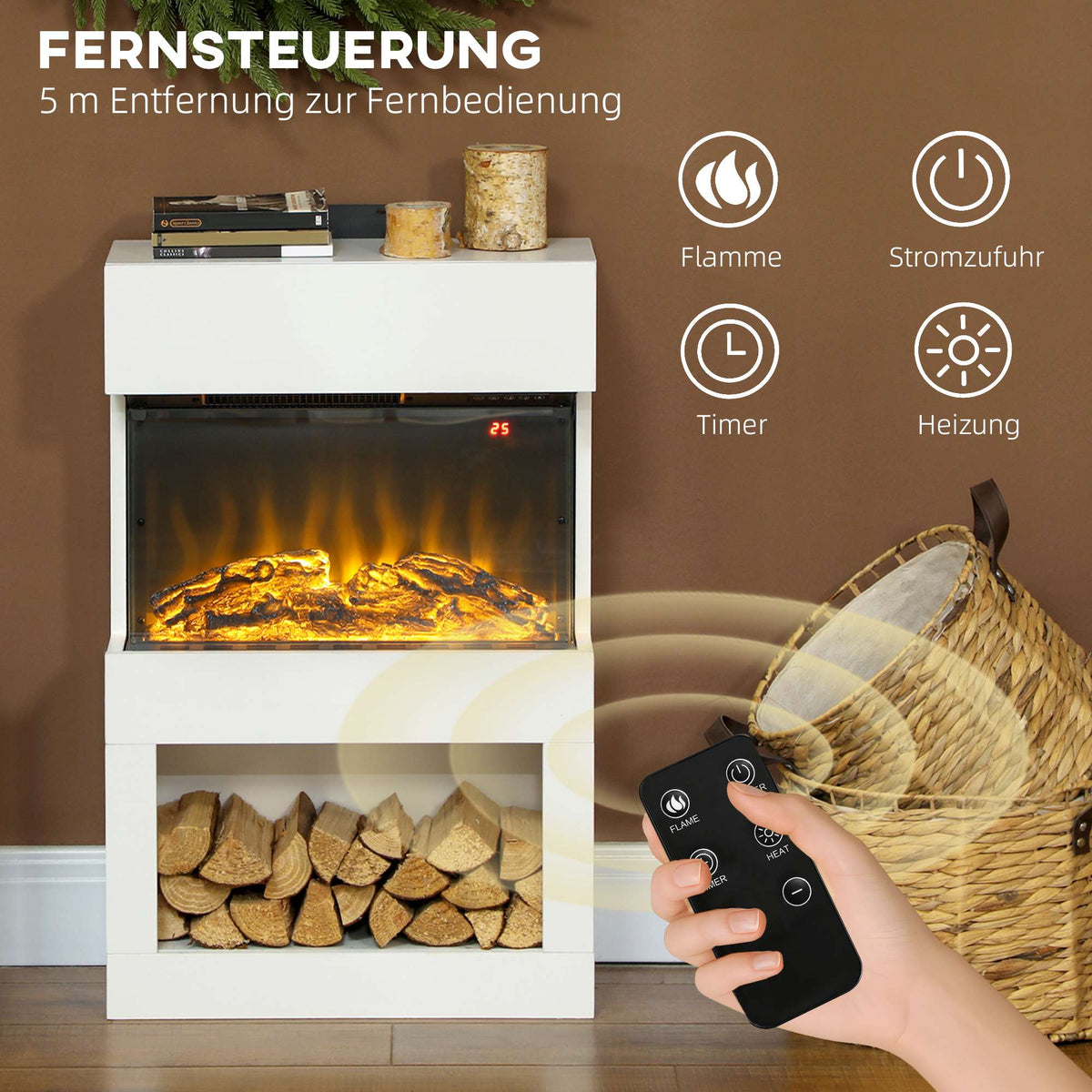 Electric Fireplace Heater, Adjustable Flames, 1000/2000W
