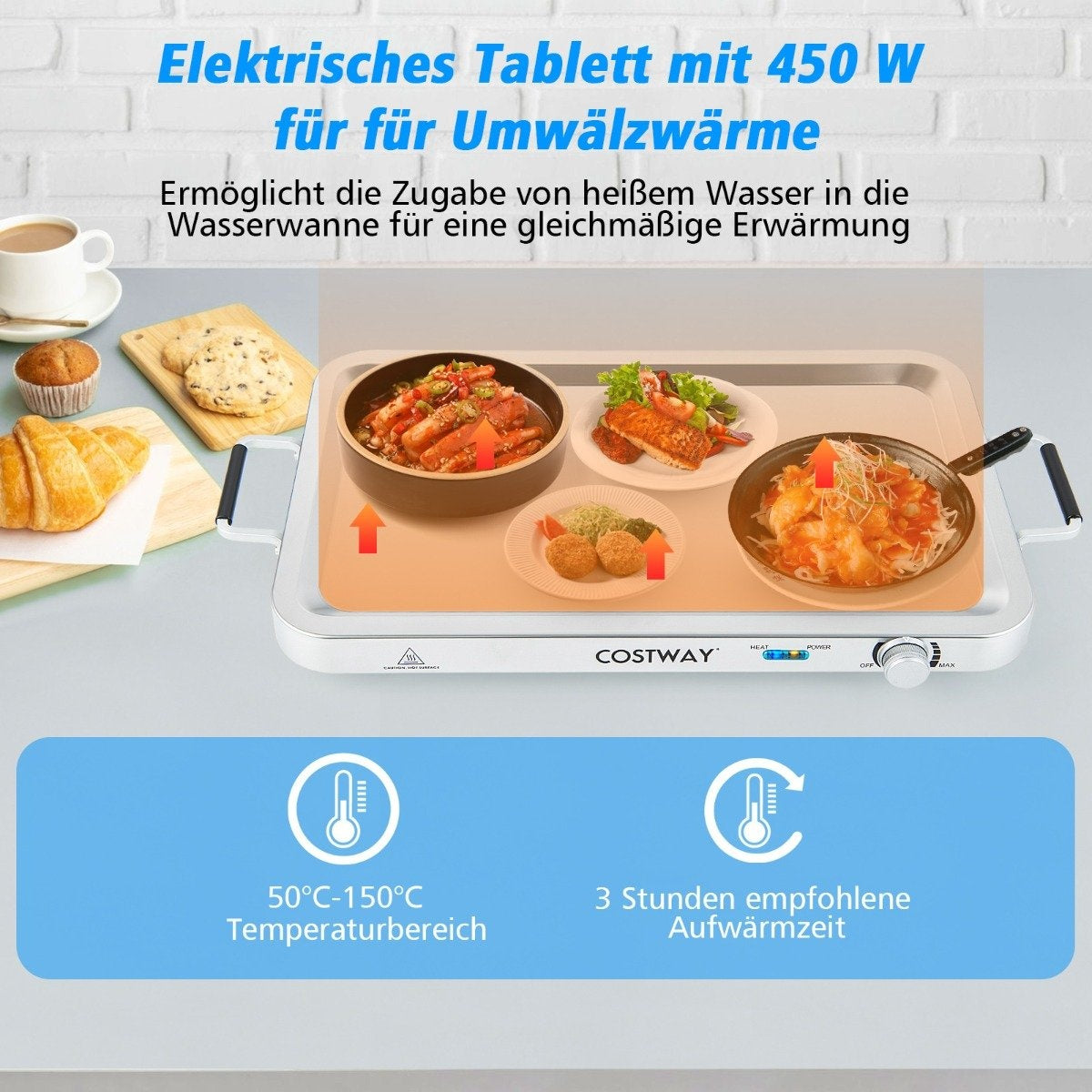 Electric Food Warmer, 3 Trays, 9L, 450W, Temp Control