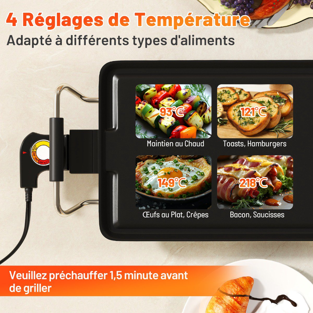 Electric Griddle, 89 cm Nonstick, 4 Heat Settings, Drip Tray