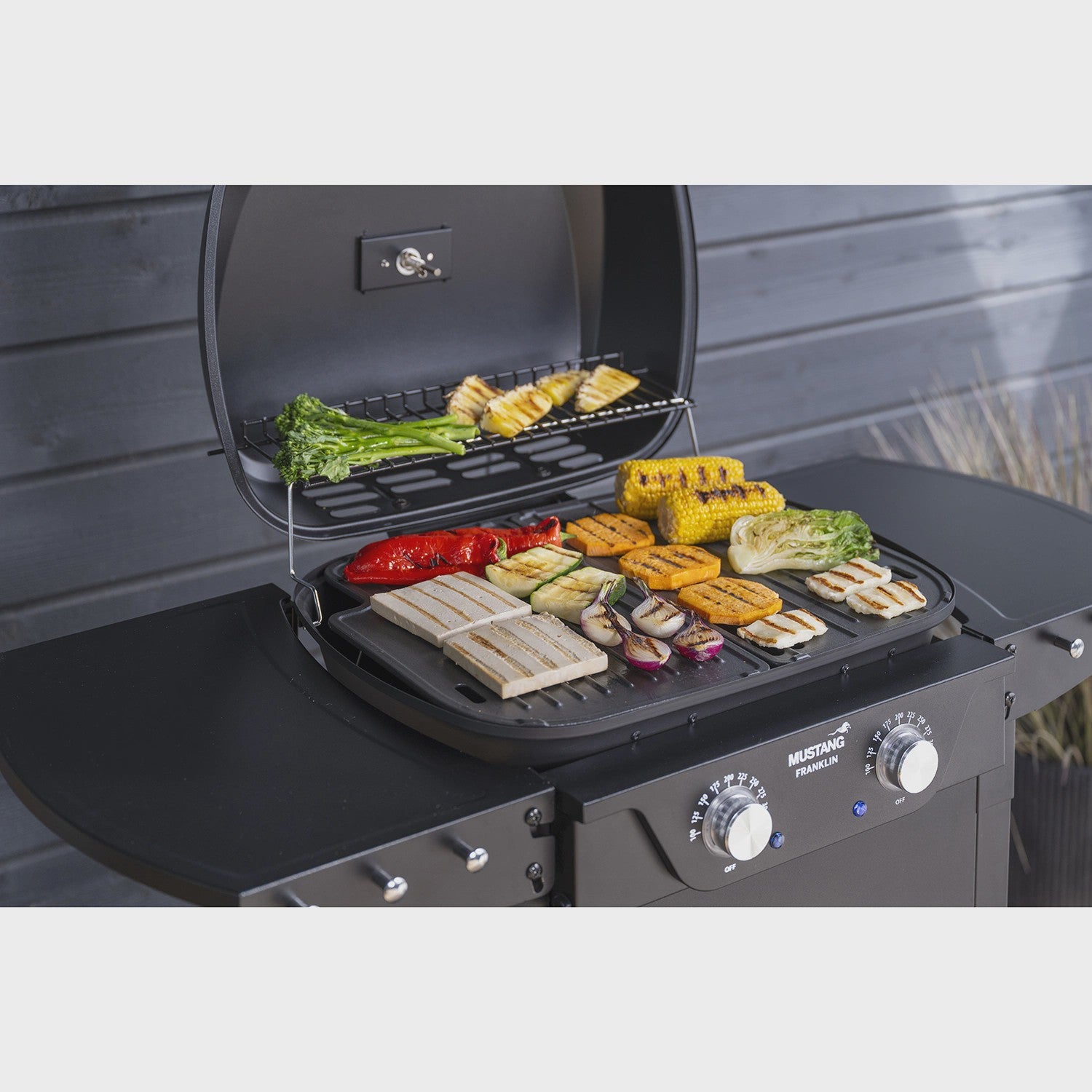 Electric Grill with Cart, Dual Zones, 2300W, Cast Iron Grates