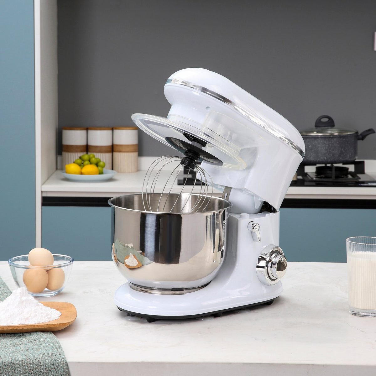 Electric Hand Mixer Set 2-In-1 Hand Mixer With Table Stand, 5.5L Mixing Bowl, 1200W, 6 Speeds, 304 Steel