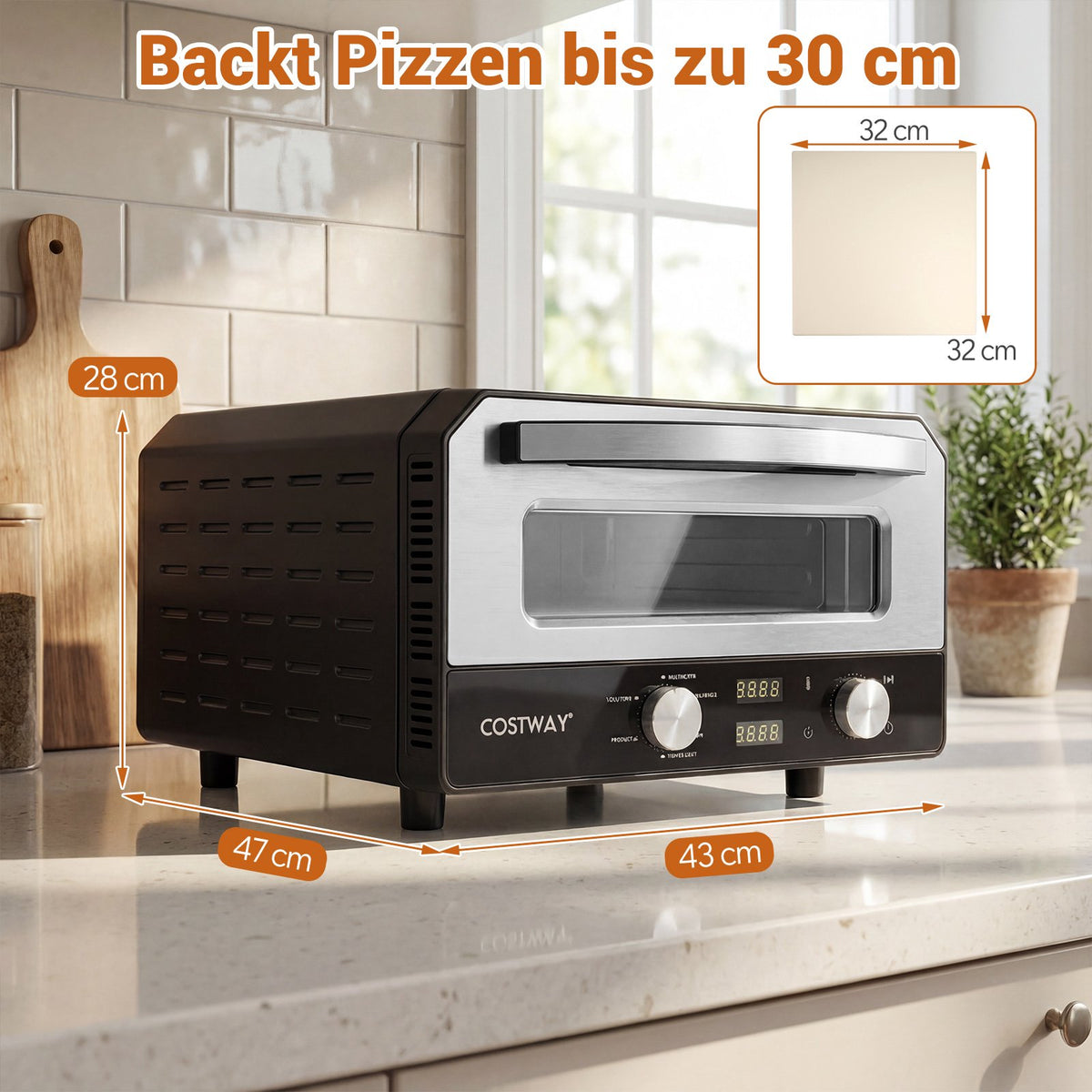 Electric Indoor Pizza Oven, 30cm, 6 Presets, Black