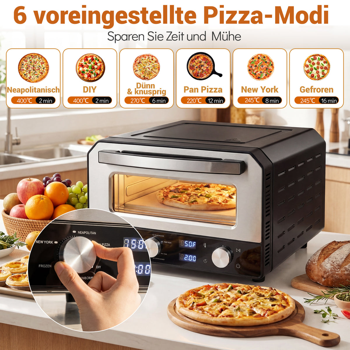 Electric Indoor Pizza Oven, 30cm, 6 Presets, Black