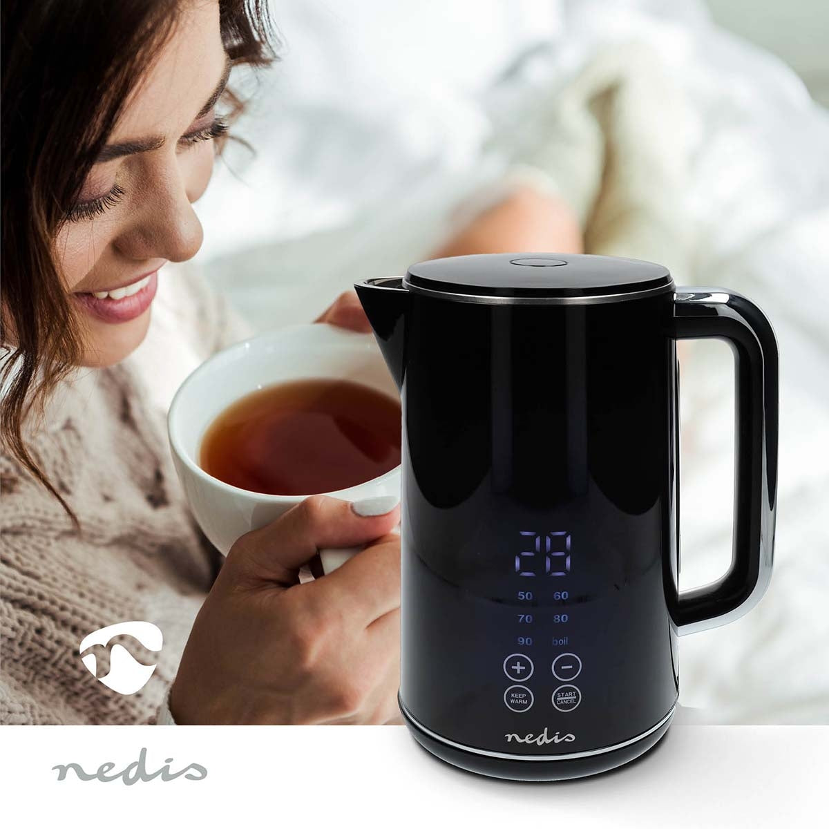 Electric Kettle | 1.7 l | Plastic | Black | 50,60,70,80,90,100 °C | Temperature indicator | Rotatable 360 degrees | Concealed heating element | Strix® controller | Boil-dry protection