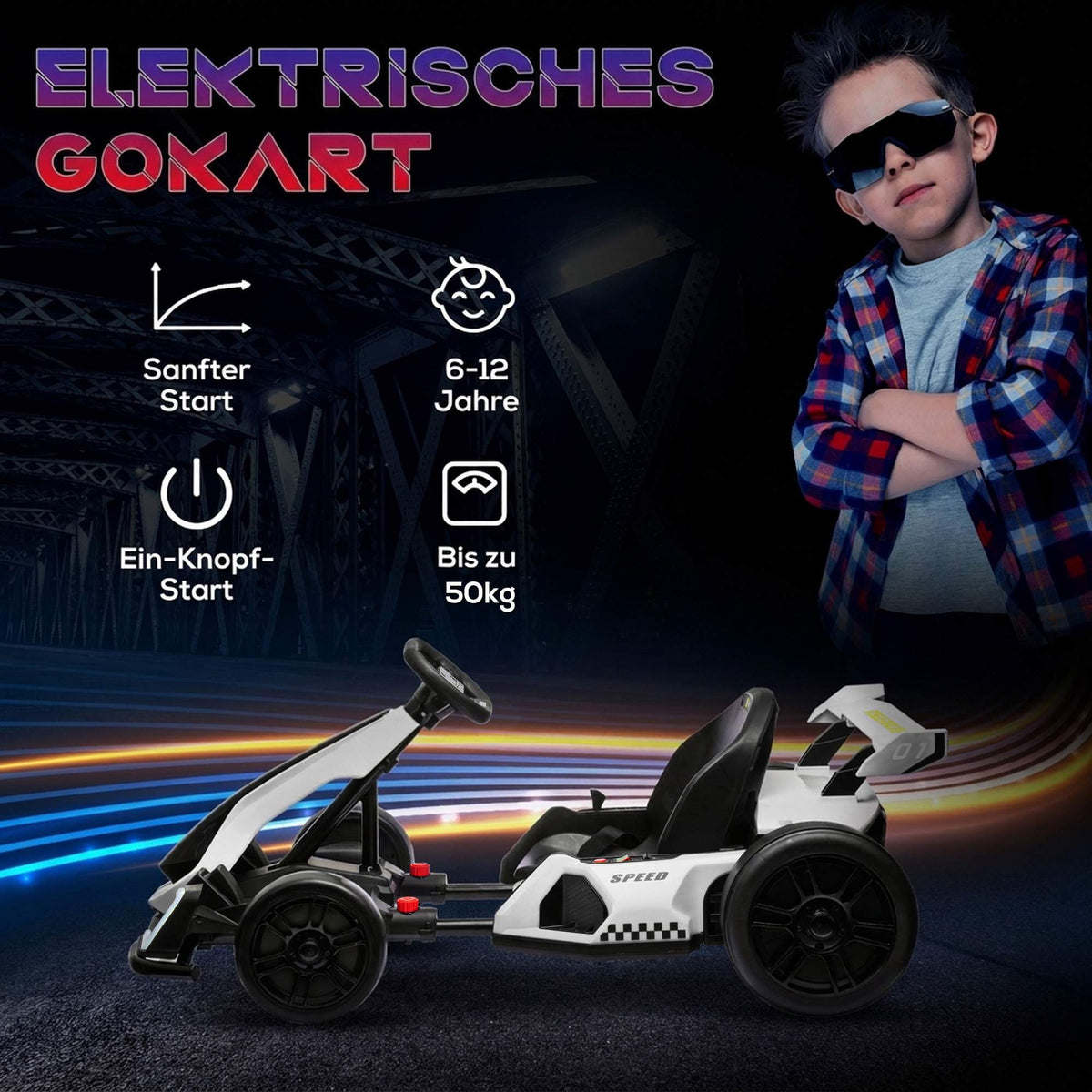 Electric Kids Go-Kart with Drift Mode, Adjustable Seat