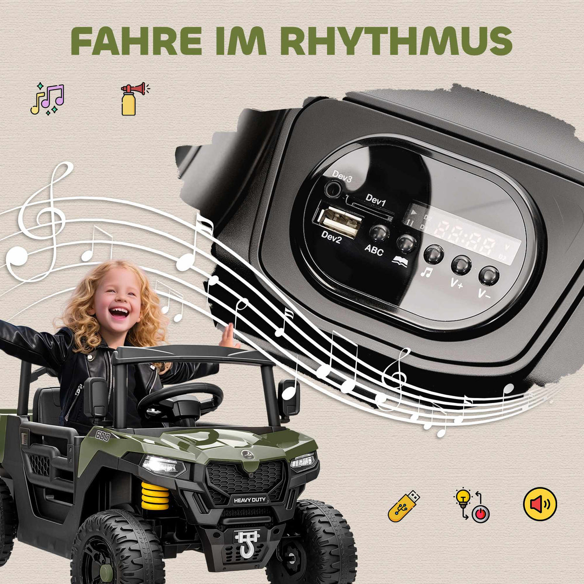 Electric Kids UTV, 2 Motors, Music Function, Green