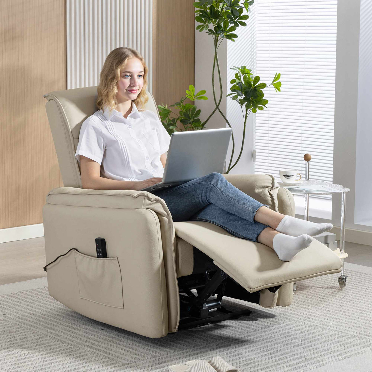Electric Massage Recliner, Faux Leather, Footrest, Beige