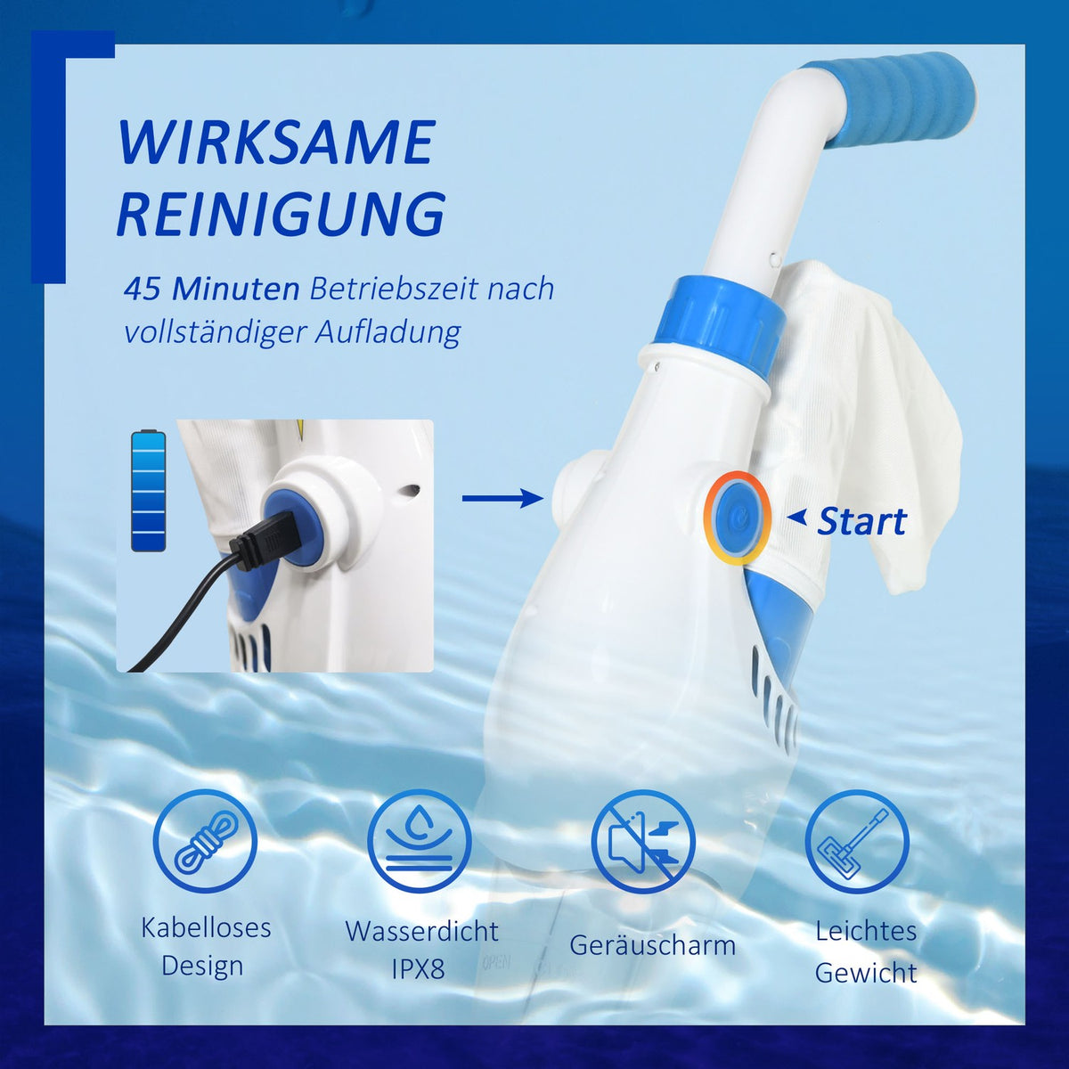 Electric Pool Vacuum With Battery Filter Pool Cleaner Pool Hand Vacuum Floor Vacuum Blue + White 65 X 20 X 17 Cm