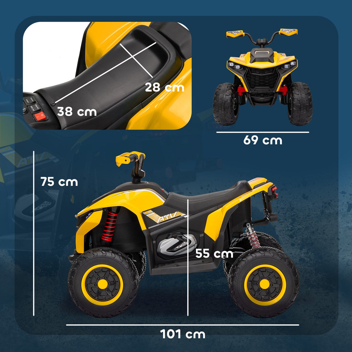 Electric Quad for Children 12V Electric Children's Quad with 2 Motors, 3-6km/h Children's Quad with Suspension, LED Light, Children's Car with USB, Music for 3-8 Years Children, Yellow