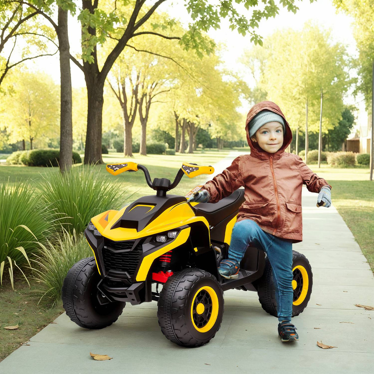Electric Quad for Children 12V Electric Children's Quad with 2 Motors, 3-6km/h Children's Quad with Suspension, LED Light, Children's Car with USB, Music for 3-8 Years Children, Yellow