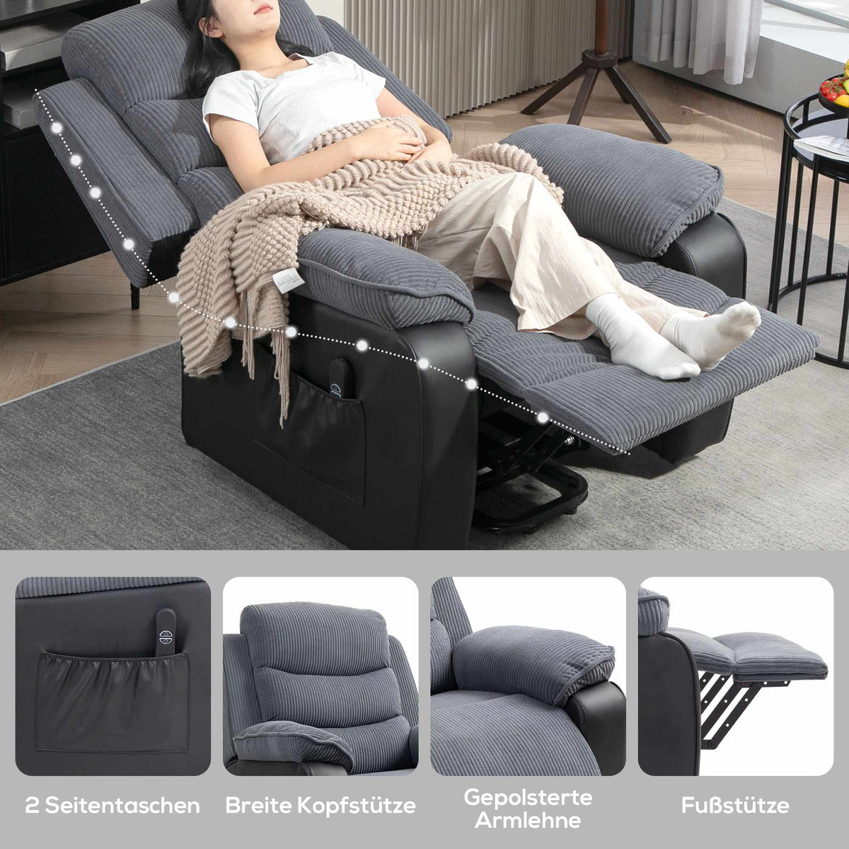 Electric Recliner Chair with Corduroy Cover, Dark Grey