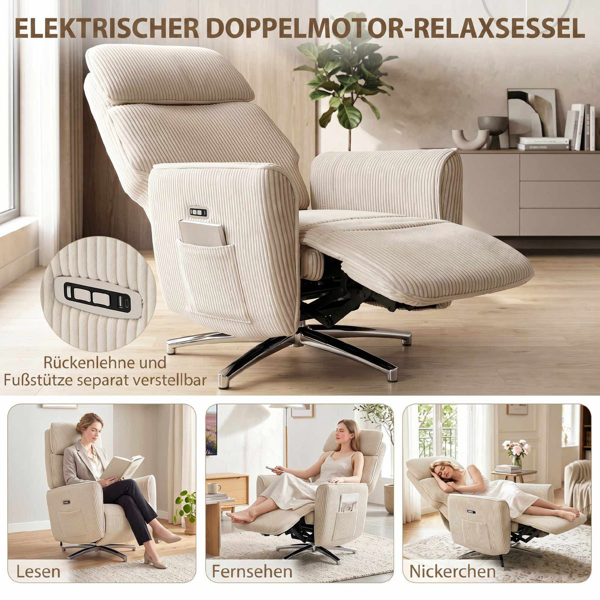Electric Recliner Chair with Dual Motors and USB Port