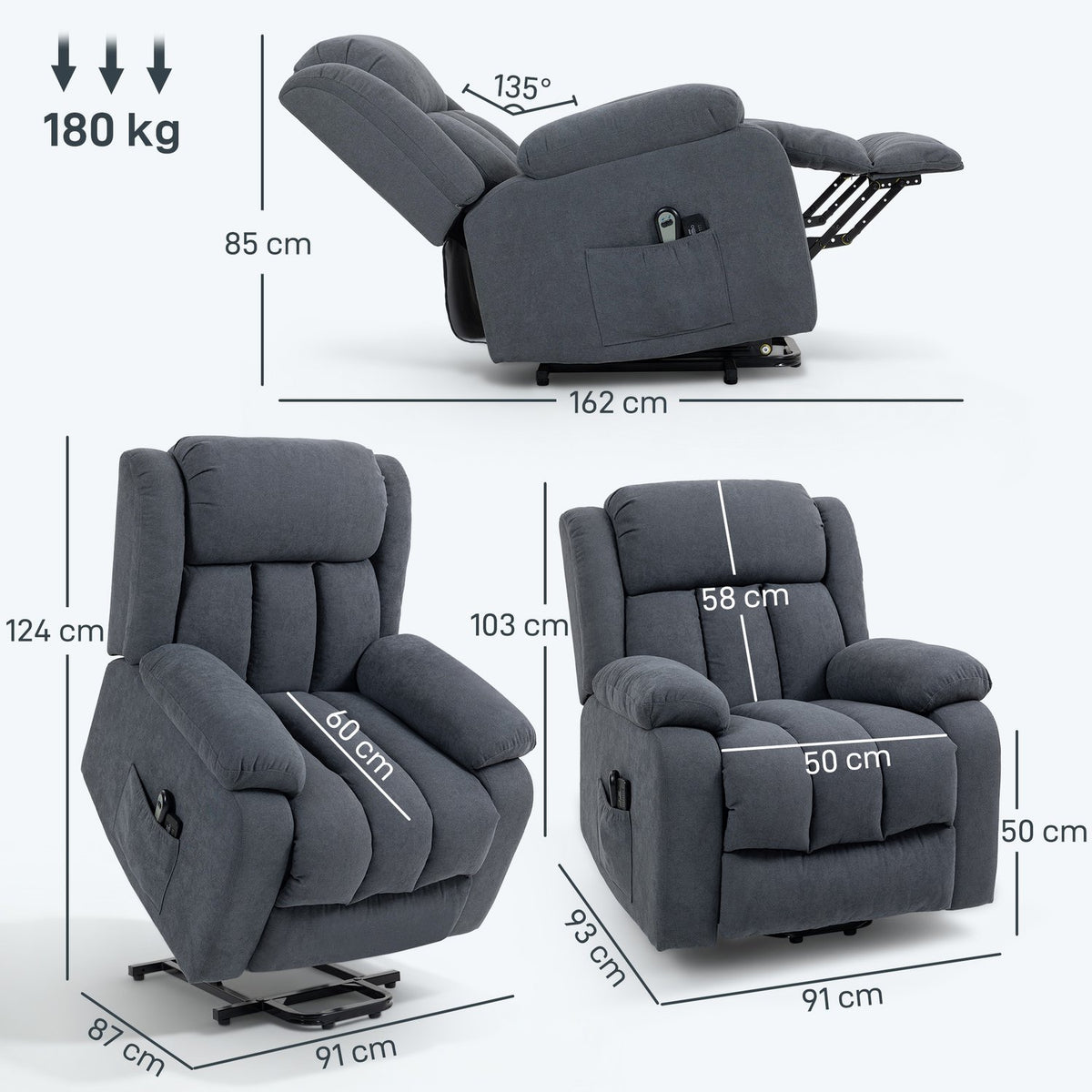Electric Recliner Chair with Lift, Massage, Dark Grey
