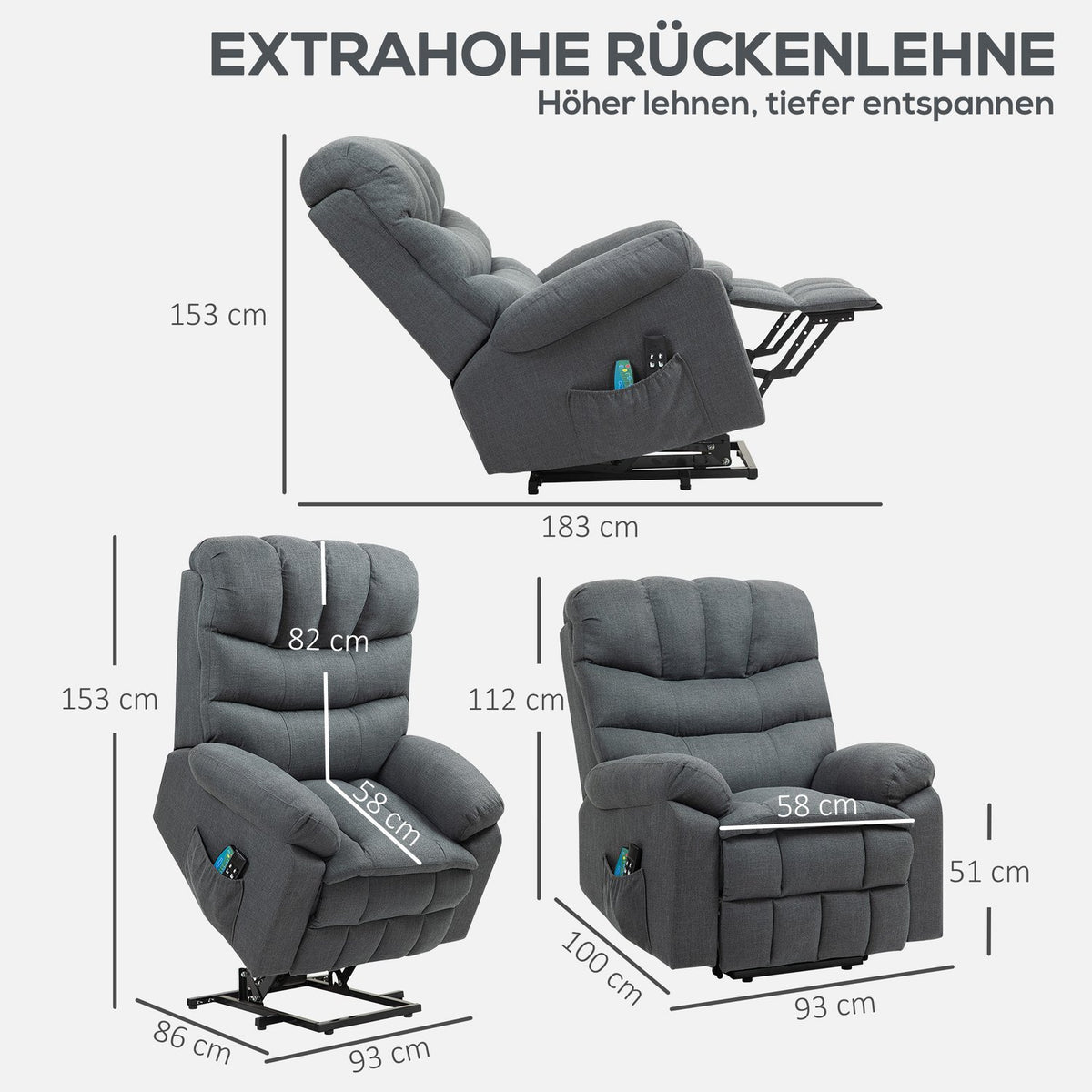 Electric Recliner Chair with Lift, Massage, Dark Grey Fabric