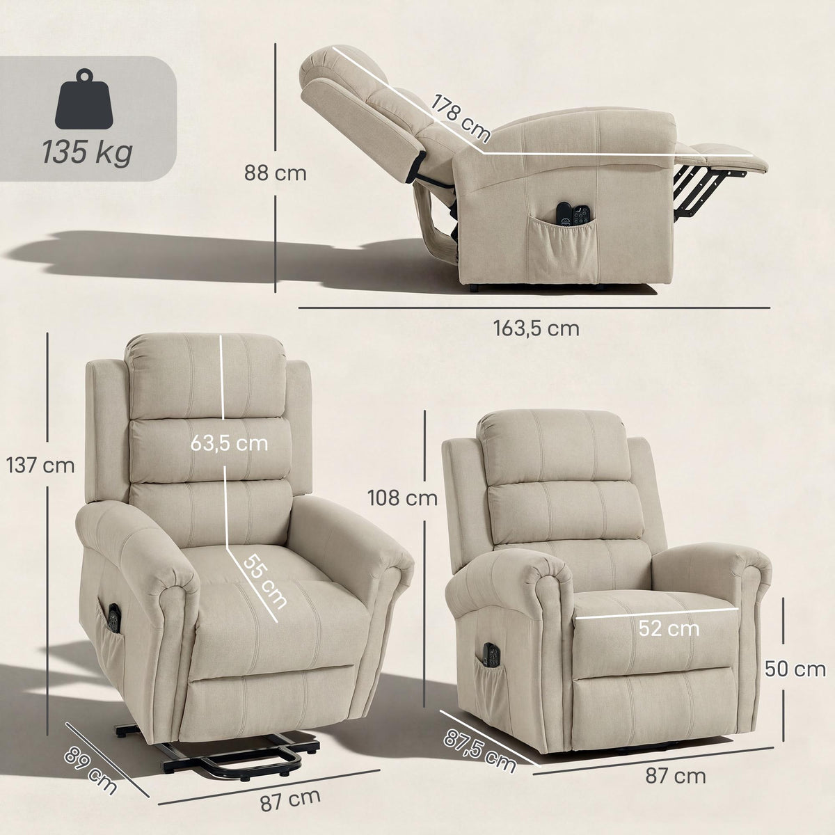 Electric Recliner Chair with Lift, Massage & Heat, Beige Linen