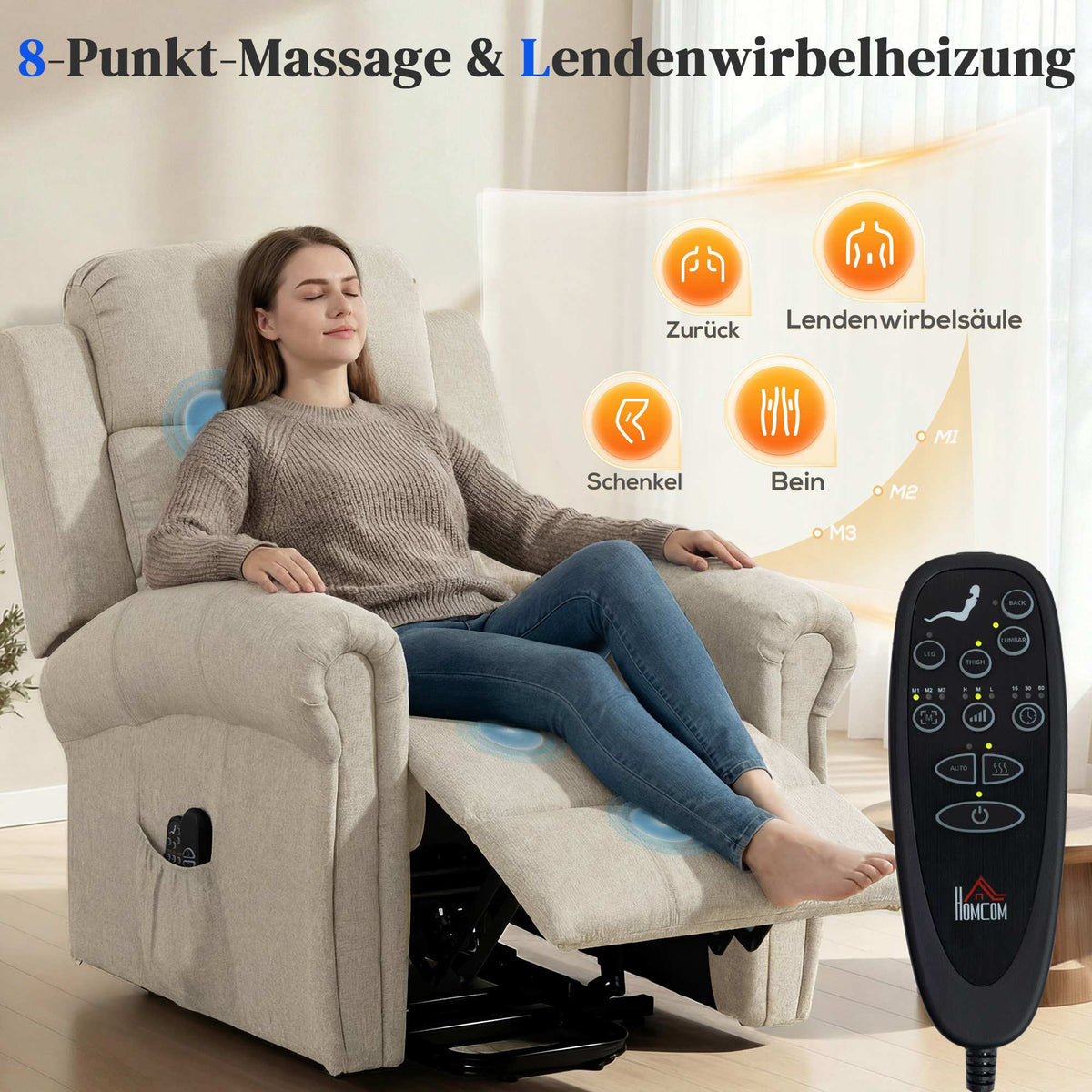 Electric Recliner Chair with Lift, Massage & Heat, Beige Linen
