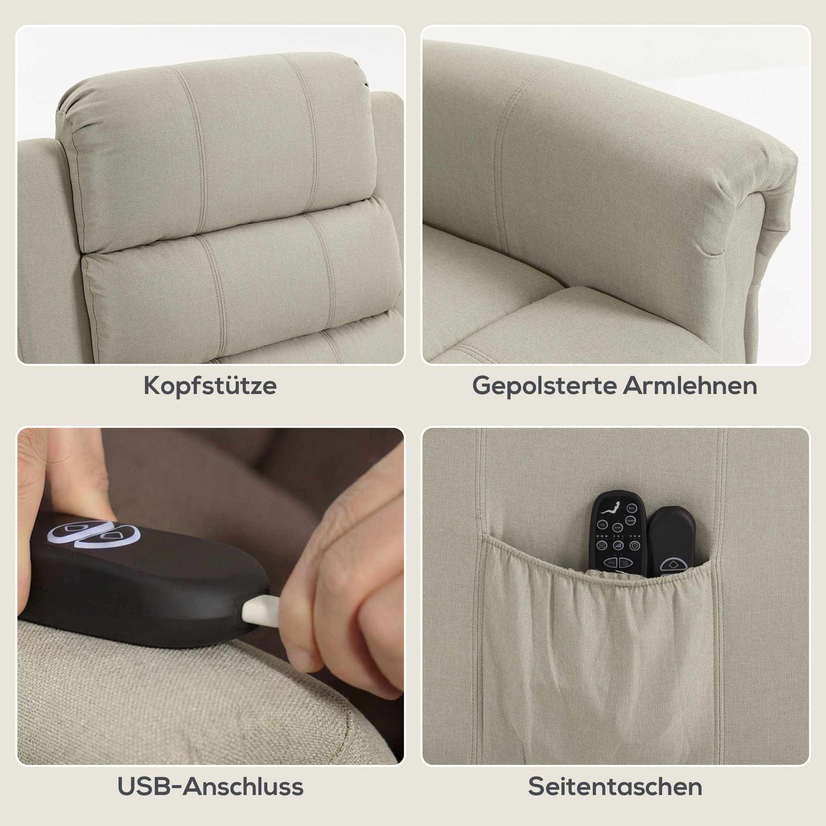Electric Recliner Chair with Lift, Massage & Heat, Beige Linen