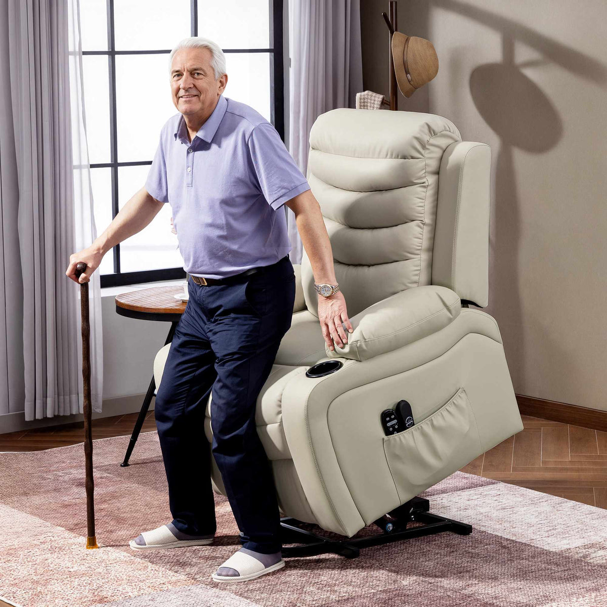 Electric Recliner Chair with Lift, Massage, Heat, USB, Cream