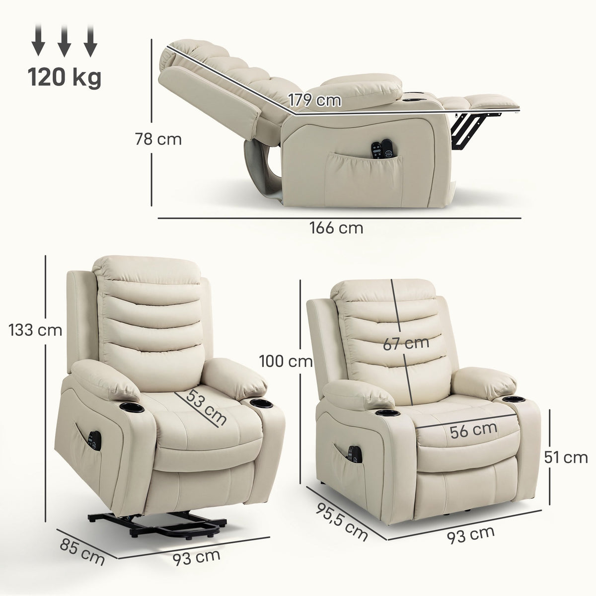 Electric Recliner Chair with Lift, Massage, Heat, USB, Cream