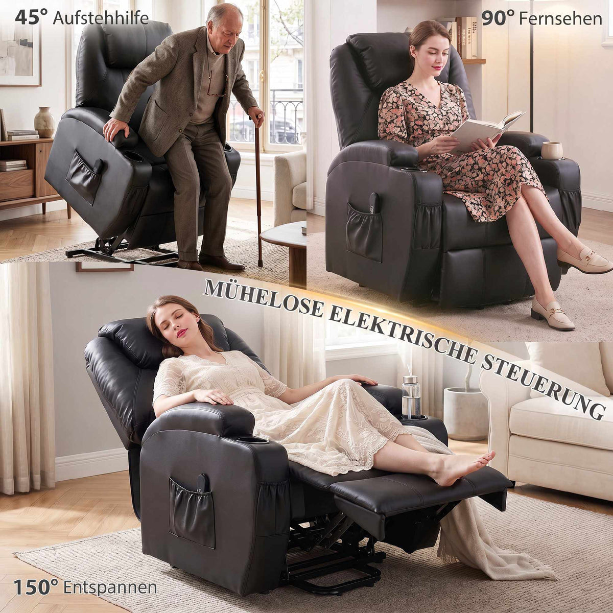 Electric Recliner Chair with Lift, USB, Black Faux Leather