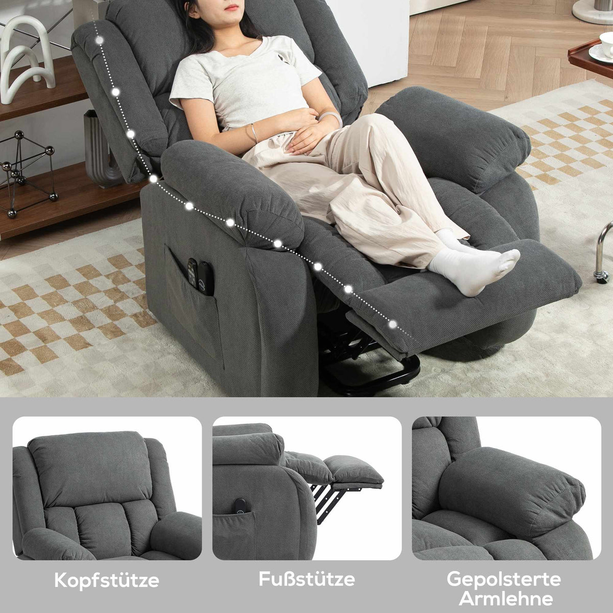 Electric Recliner Chair with Massage & Heat, Grey Velvet
