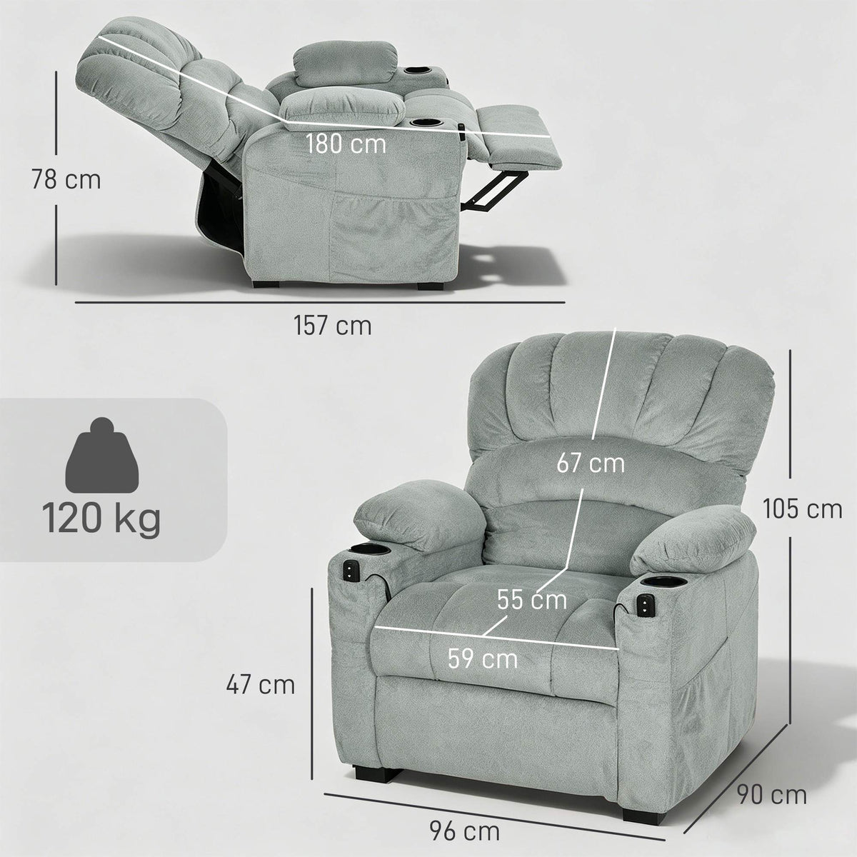 Electric Recliner Chair with USB, Memory Positions, Grey