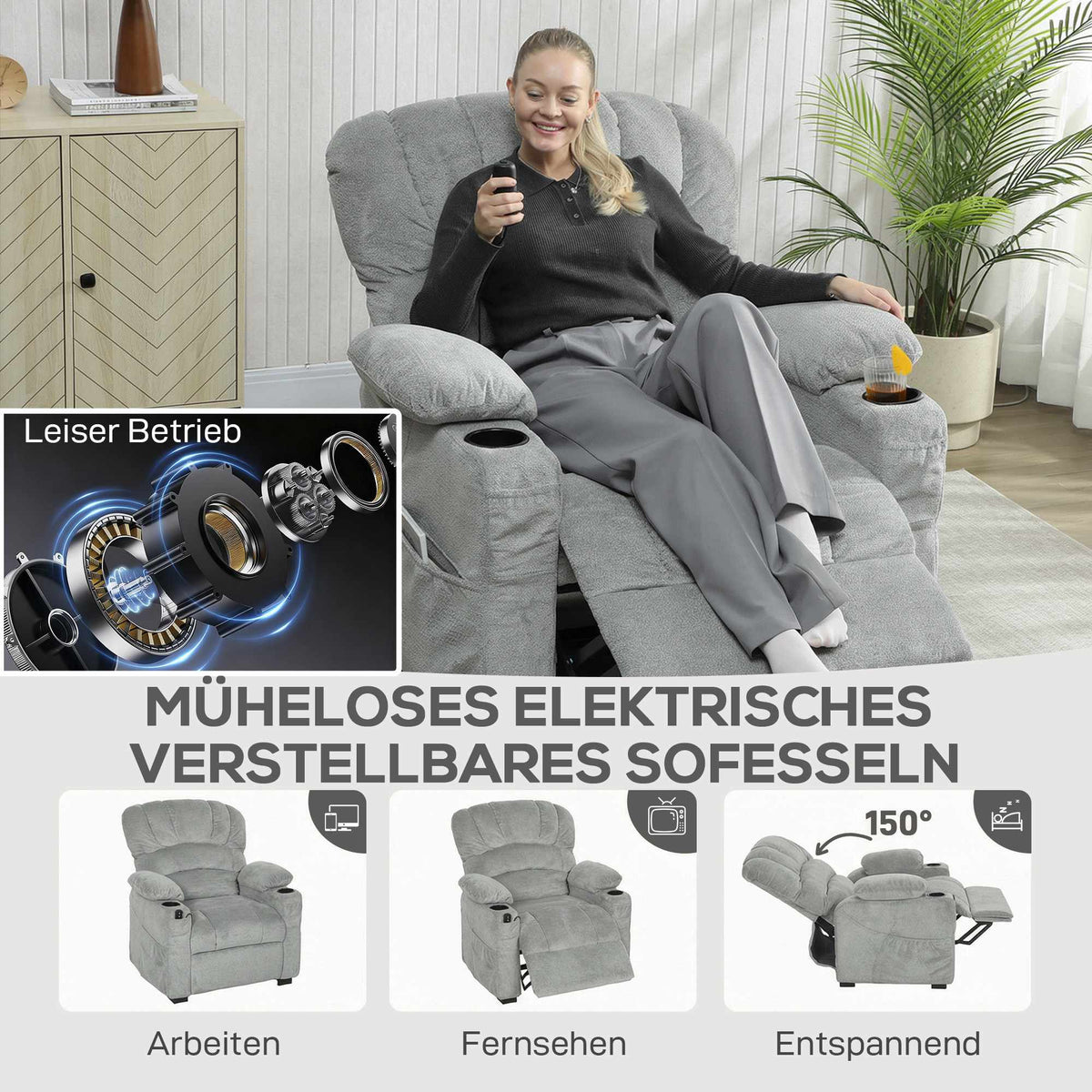 Electric Recliner Chair with USB, Memory Positions, Grey