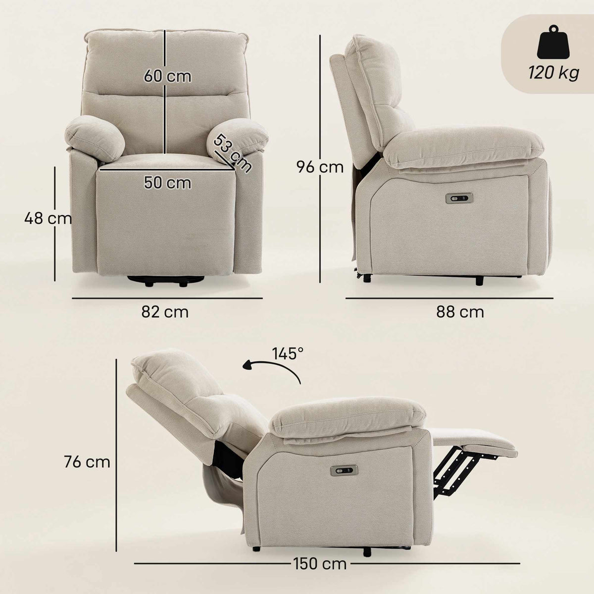 Electric Recliner with Massage & Heat, Cream Chenille Fabric