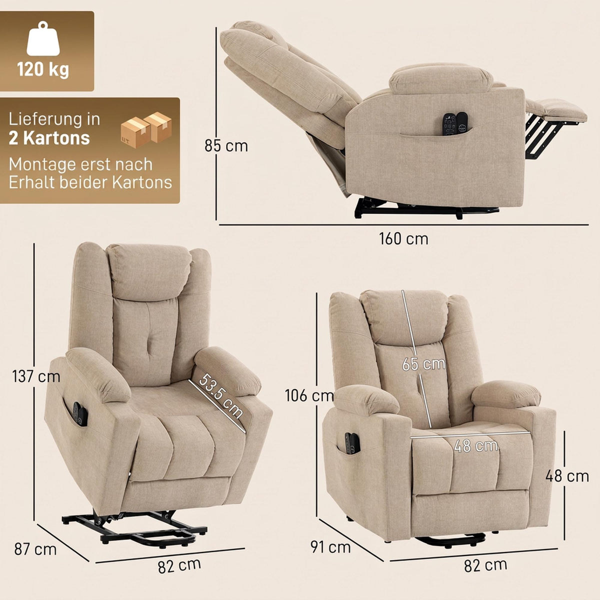 Electric Recliner with Massage & Heat, Cream Velvet
