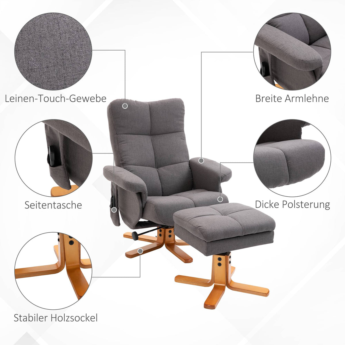 Electric Recliner with Massage, Ottoman Storage, Dark Grey