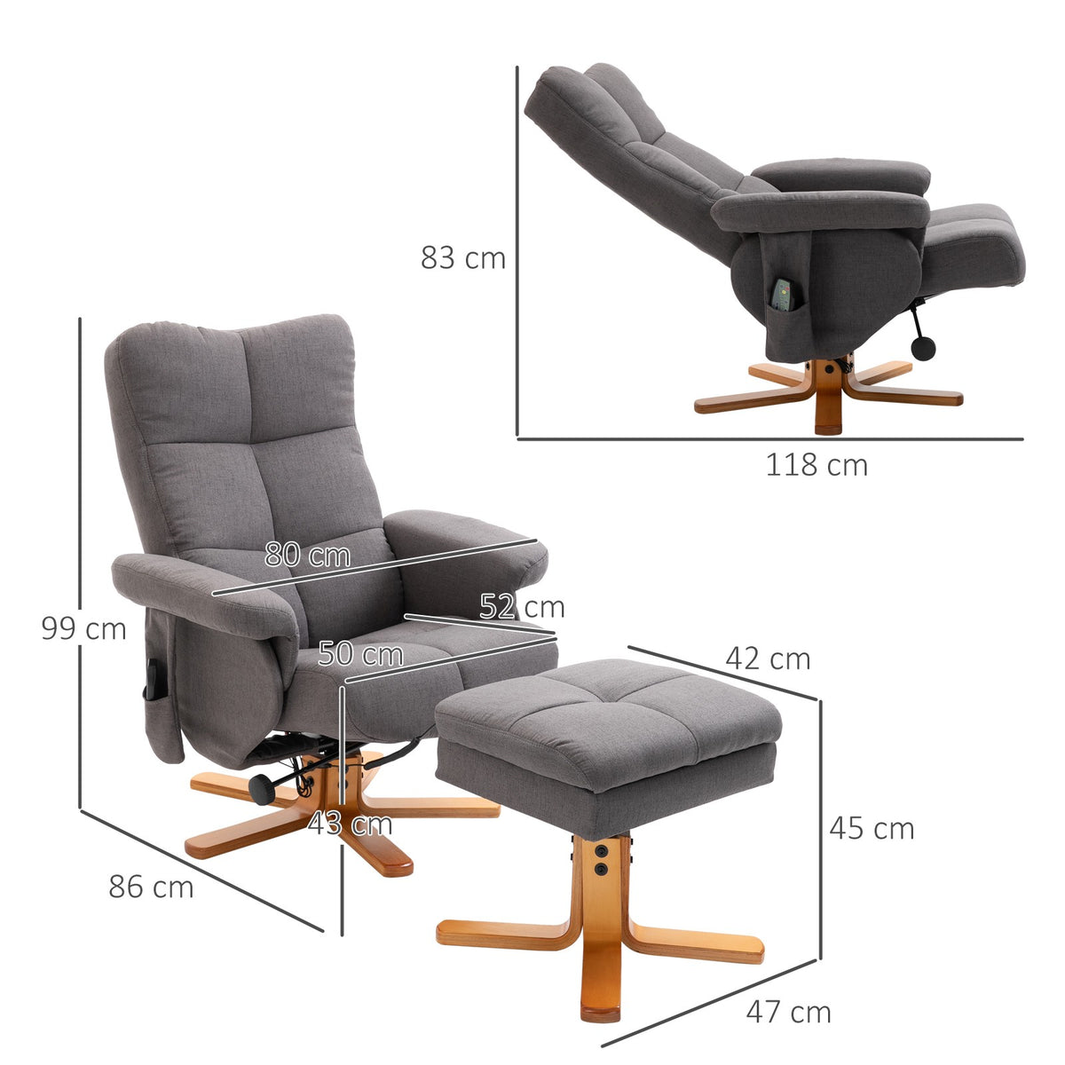 Electric Recliner with Massage, Ottoman Storage, Dark Grey