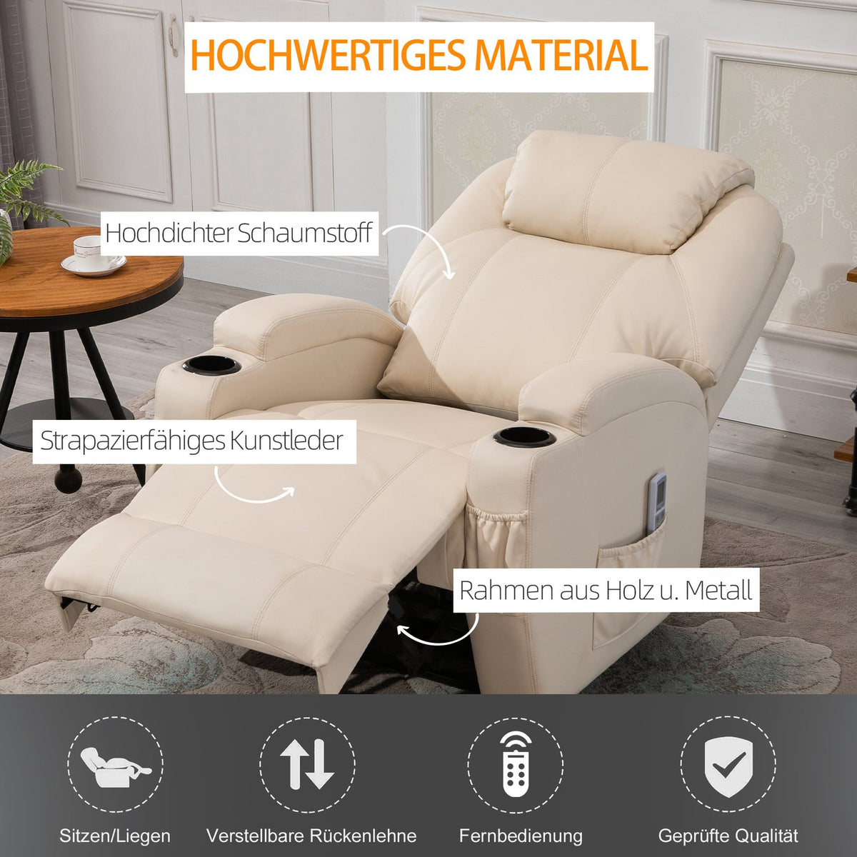 Electric Relaxation Chair Tv Chair Massage Chair Massage Function Reclining Function Faux Leather Wood Metal Foam Beige 82 X 97 X 110 Cm