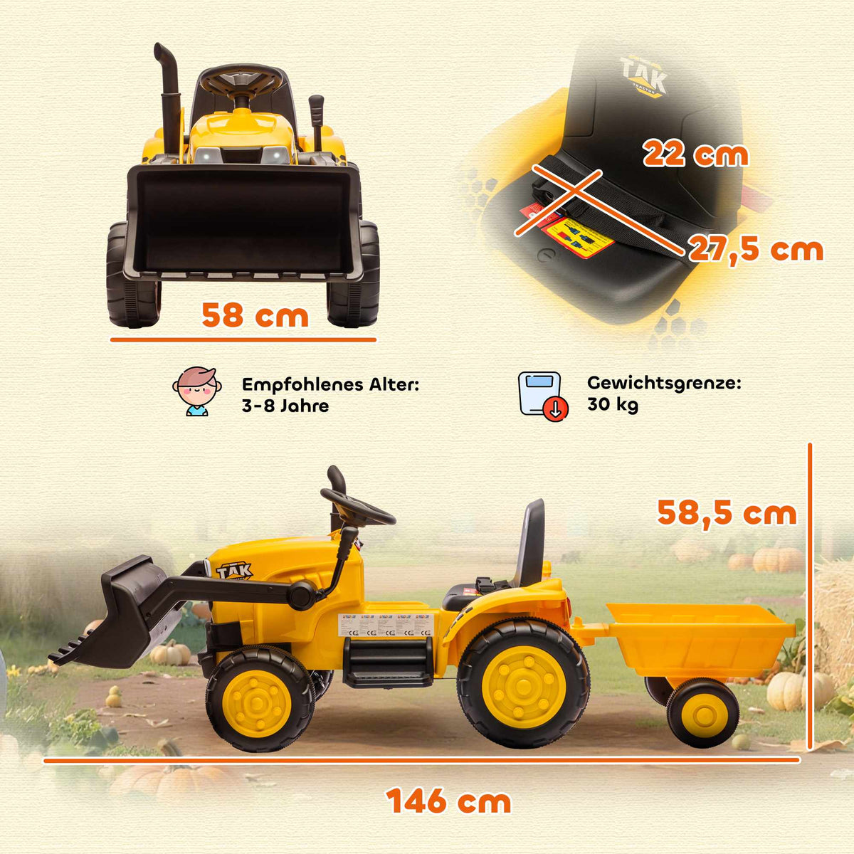 Electric Ride-On Digger with Trailer, 12V, Ages 3-8, Yellow