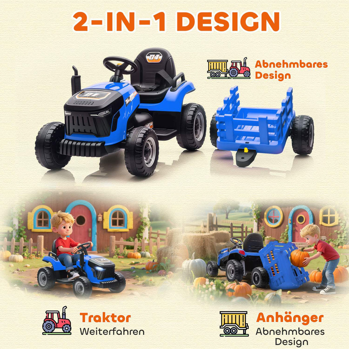 Electric Ride-On Tractor for Kids, Remote Control, Ages 3-8, Blue