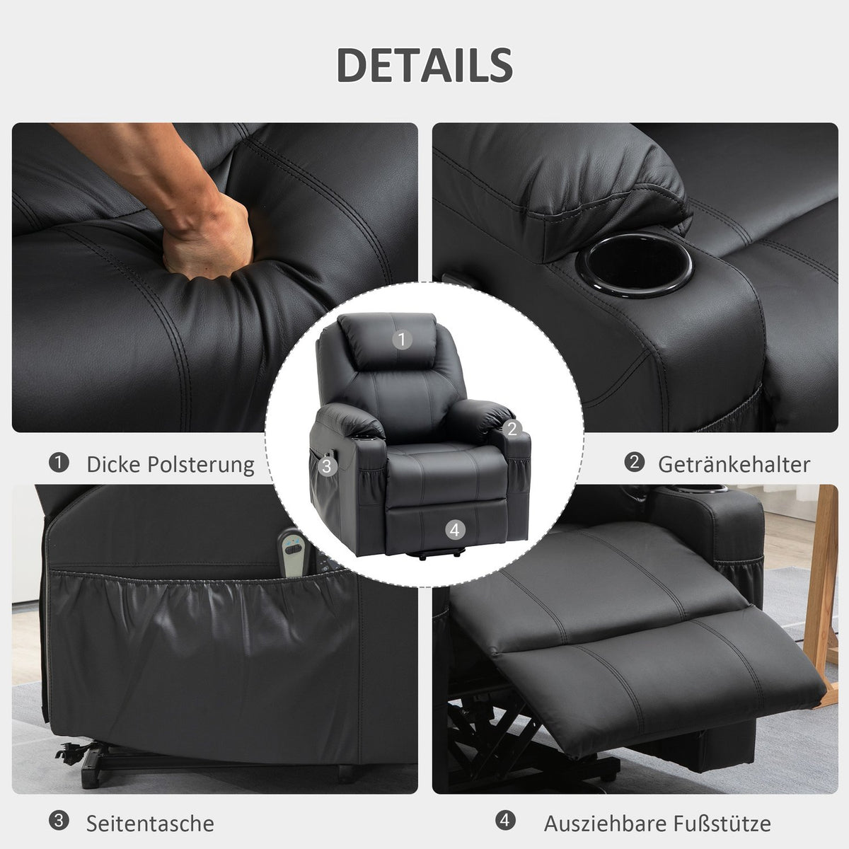 Electric Stand-Up Chair, Massage Chair With Stand-Up Aid, Relaxation Chair With Reclining Function, Tv Chair With Remote Control, Side Pockets, Pu