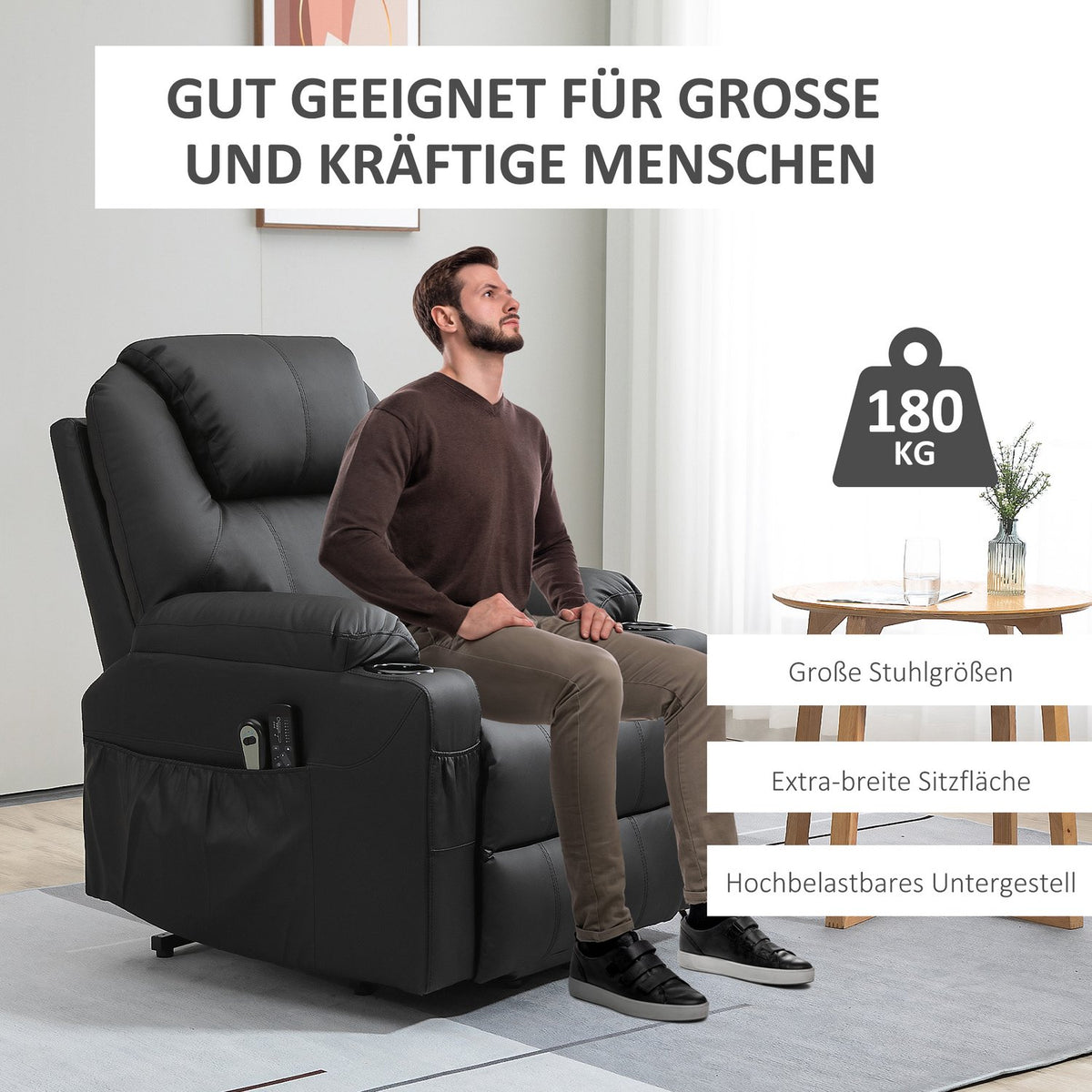 Electric Stand-Up Chair, Massage Chair With Stand-Up Aid, Relaxation Chair With Reclining Function, Tv Chair With Remote Control, Side Pockets, Pu