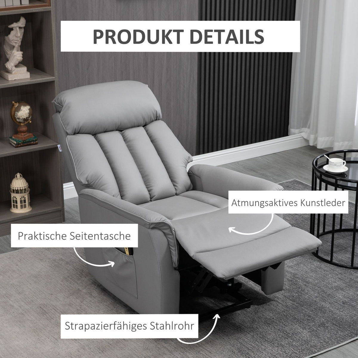 Electric Stand-Up Chair Upholstered Tv Chair Relaxation Chair With Stand-Up Aid, Reclining Function, Tv Chair With Remote Control, Side Pocket, Microfiber Fabric, Gray
