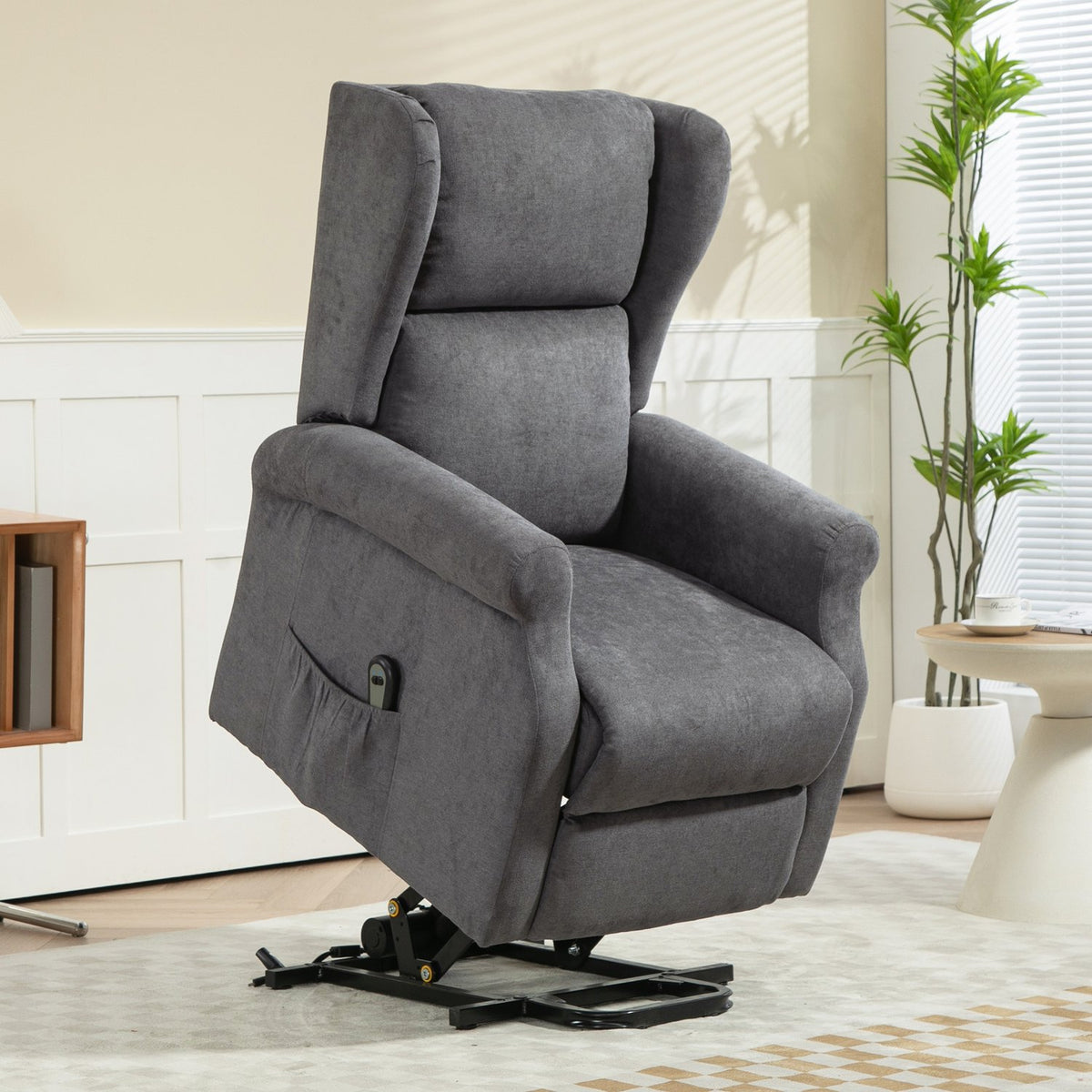 Electric TV armchair with stand-up aid, relaxation armchair with reclining function, linen look, TV armchair with side pocket, remote control