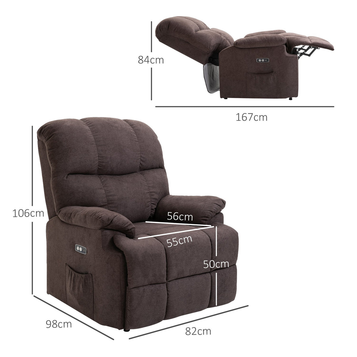 Electric TV chair, relaxation chair with stand-up aid, reclining function, USB port, upholstered TV chair with footrest, side pocket, dark gray