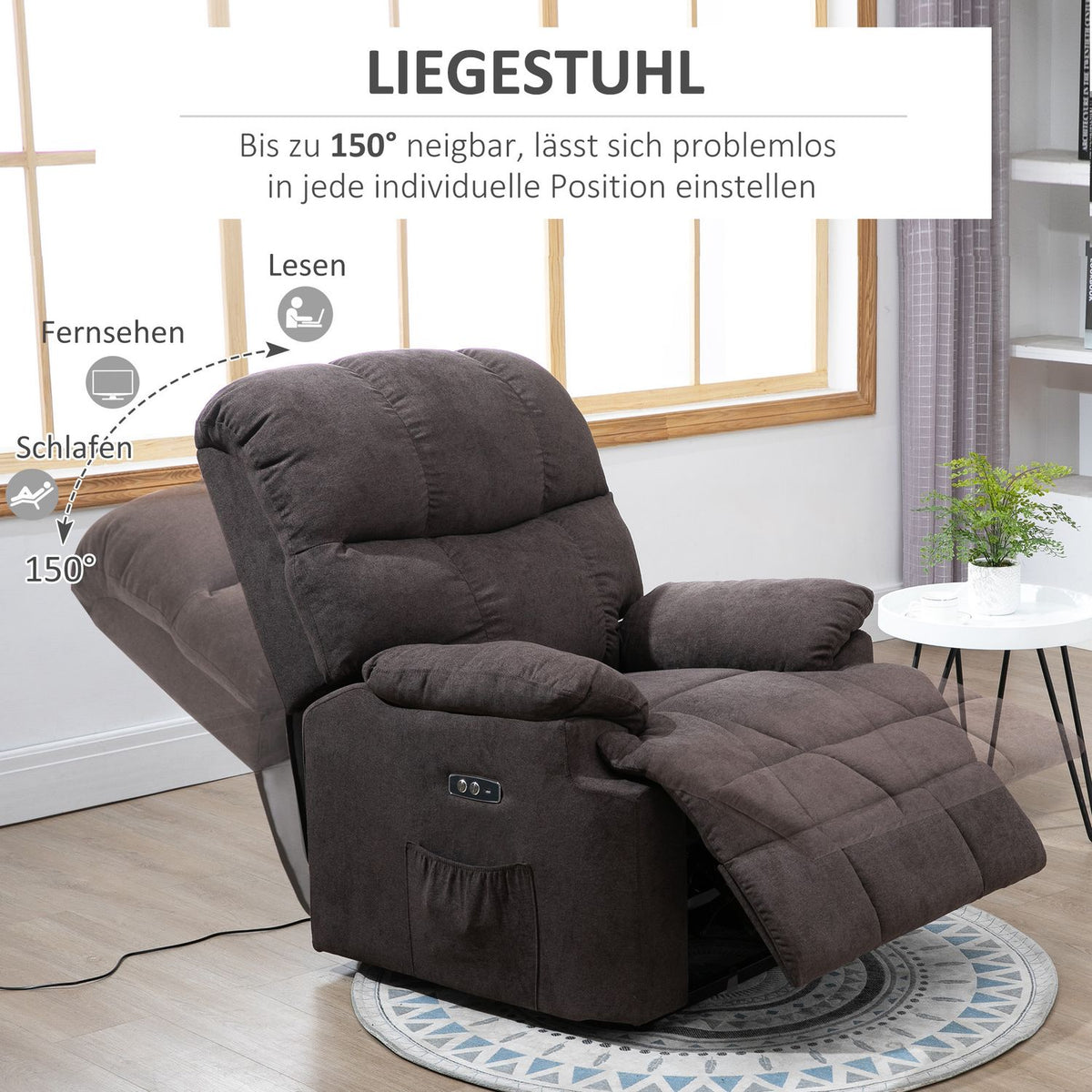 Electric TV chair, relaxation chair with stand-up aid, reclining function, USB port, upholstered TV chair with footrest, side pocket, dark gray