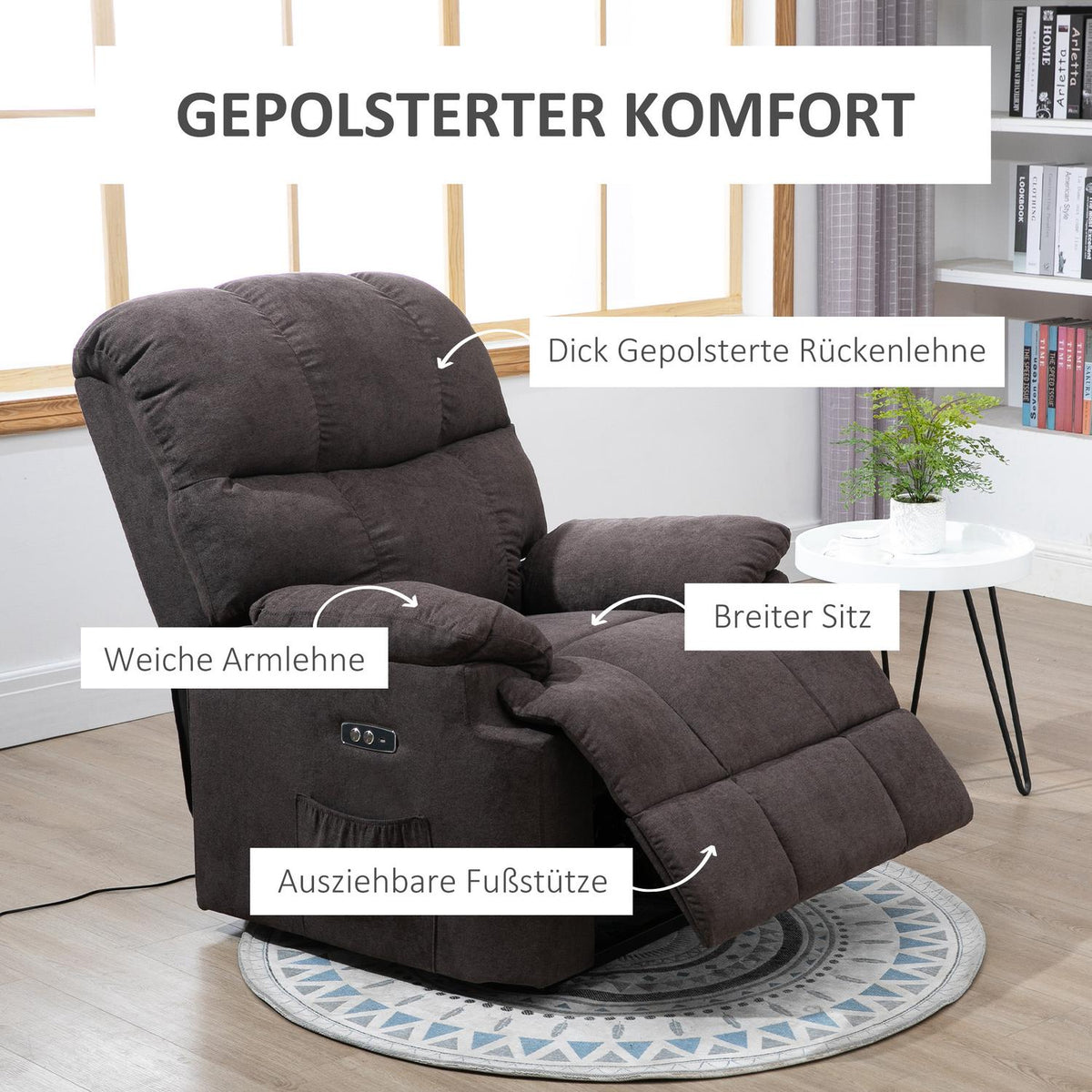 Electric TV chair, relaxation chair with stand-up aid, reclining function, USB port, upholstered TV chair with footrest, side pocket, dark gray