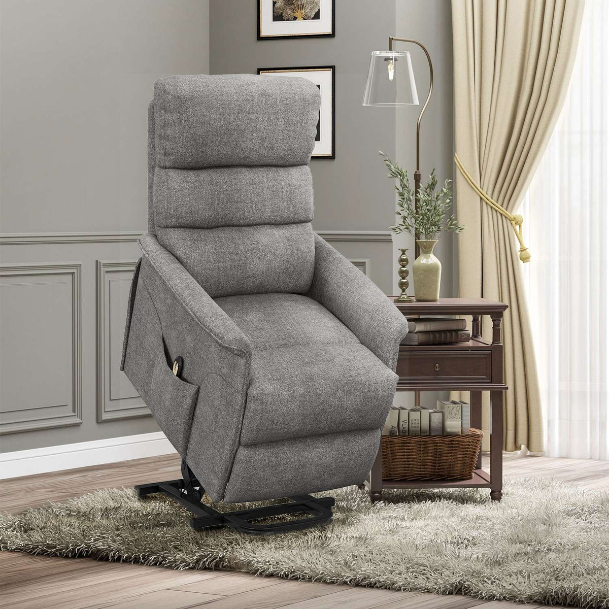Electric TV chair with stand-up aid, relaxation chair with reclining function, TV chair with linen look, side pocket, remote control