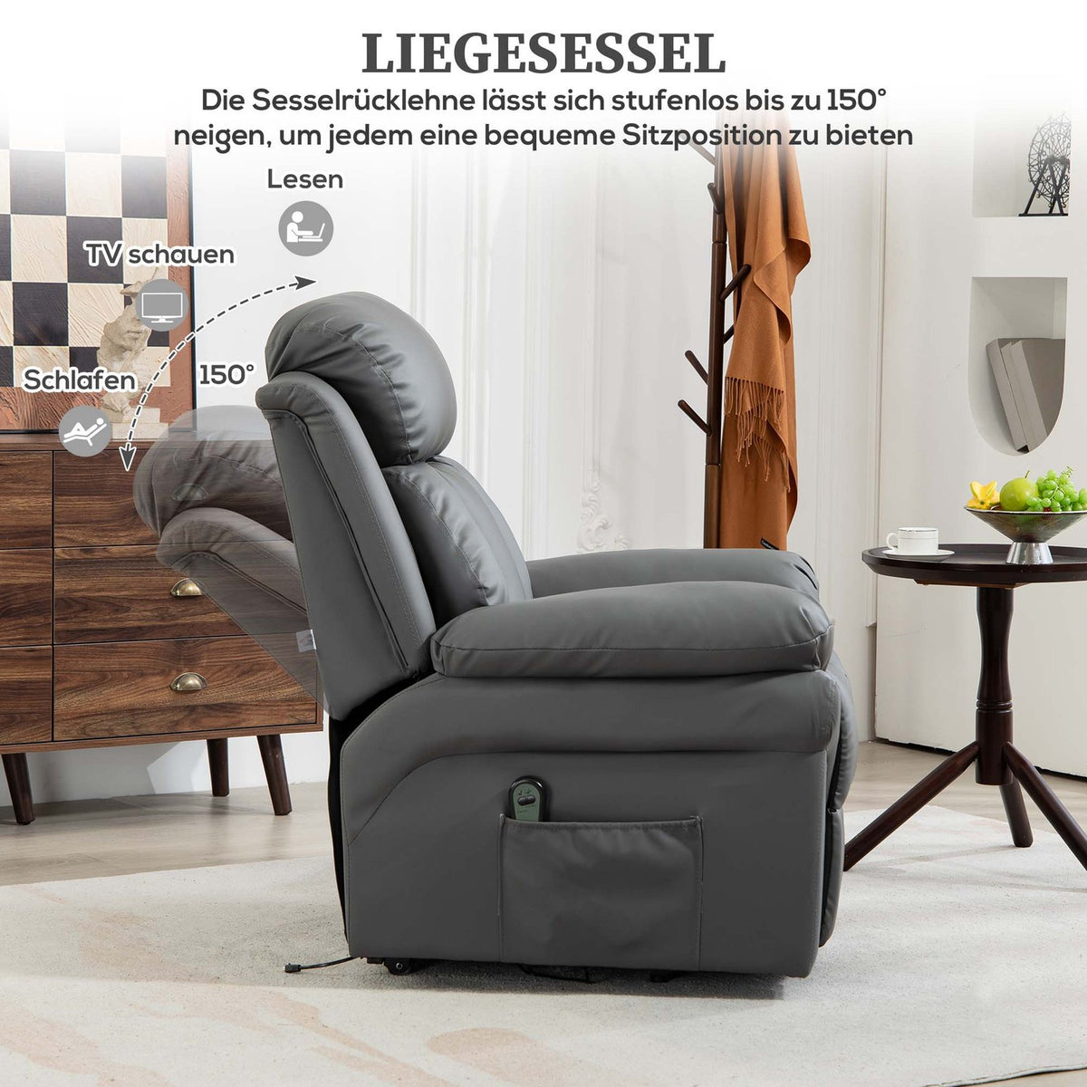 Electric TV chair with stand-up aid, relaxation chair with reclining function, TV chair with remote control, side pocket, for living room