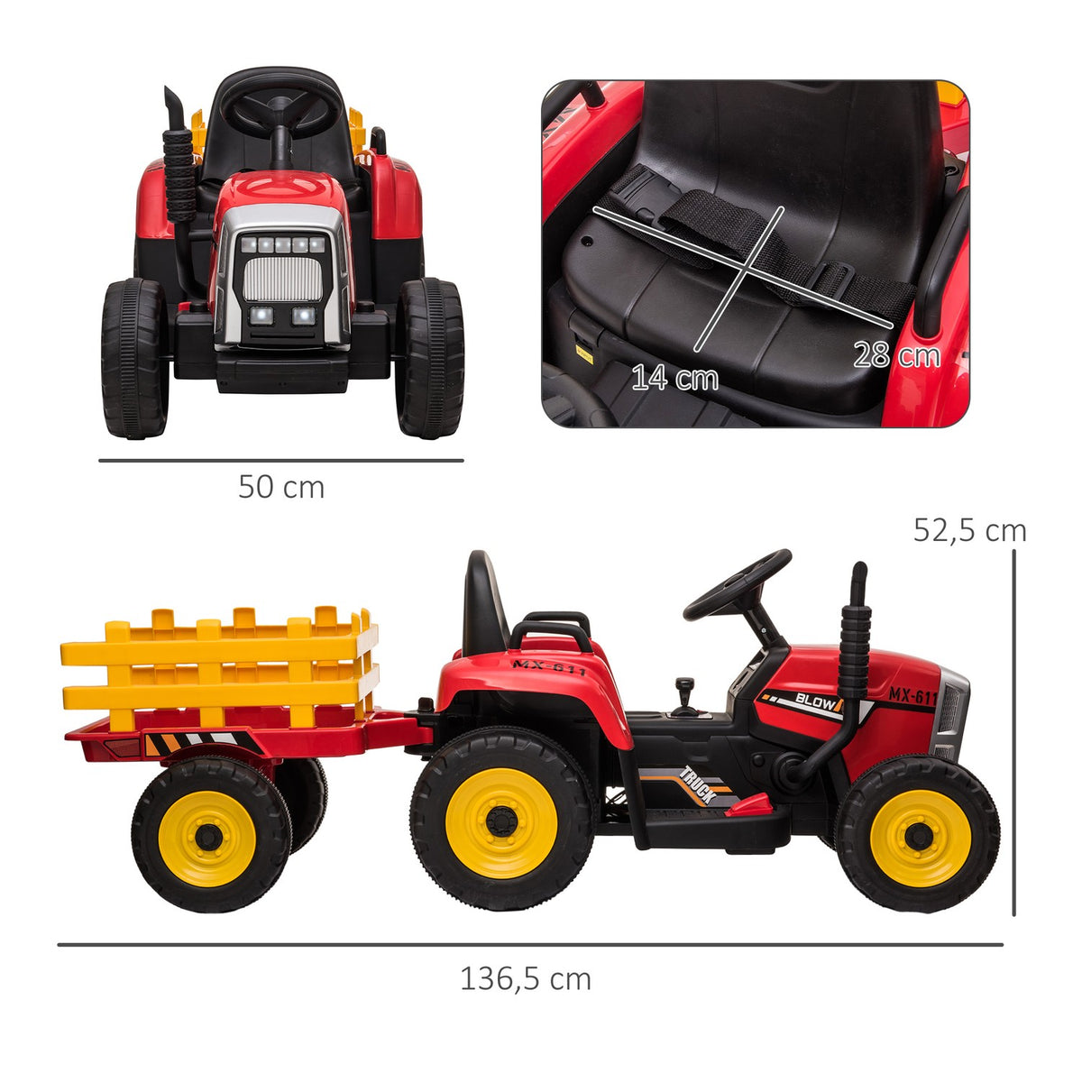 Electric Tractor Children'S Electric Car With Trailer, Remote Control, Mp3, Headlight, 3-6Km/H, Red
