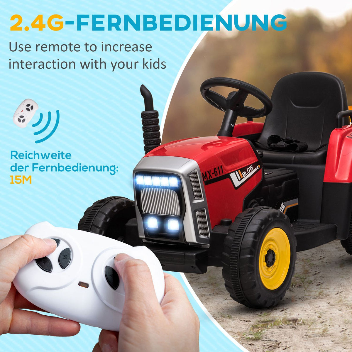 Electric Tractor Children'S Electric Car With Trailer, Remote Control, Mp3, Headlight, 3-6Km/H, Red