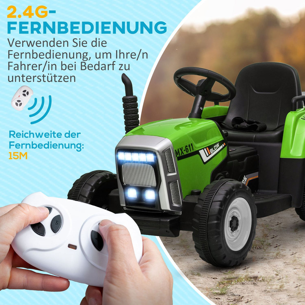 Electric Tractor With Trailer, Children'S Electric Car With Remote Control, Children'S Ride-On Tractor With Mp3 Function, Headlight