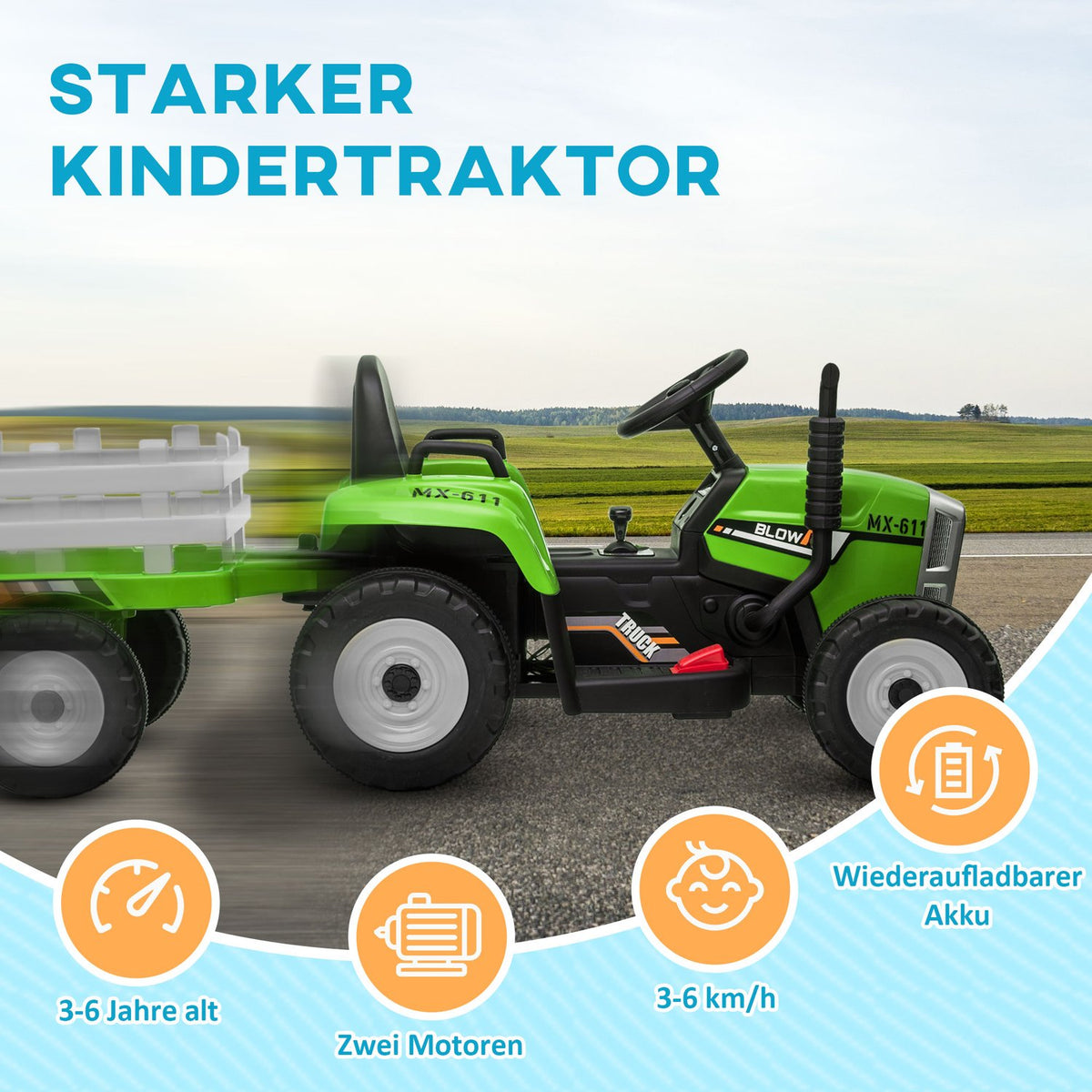 Electric Tractor With Trailer, Children'S Electric Car With Remote Control, Children'S Ride-On Tractor With Mp3 Function, Headlight