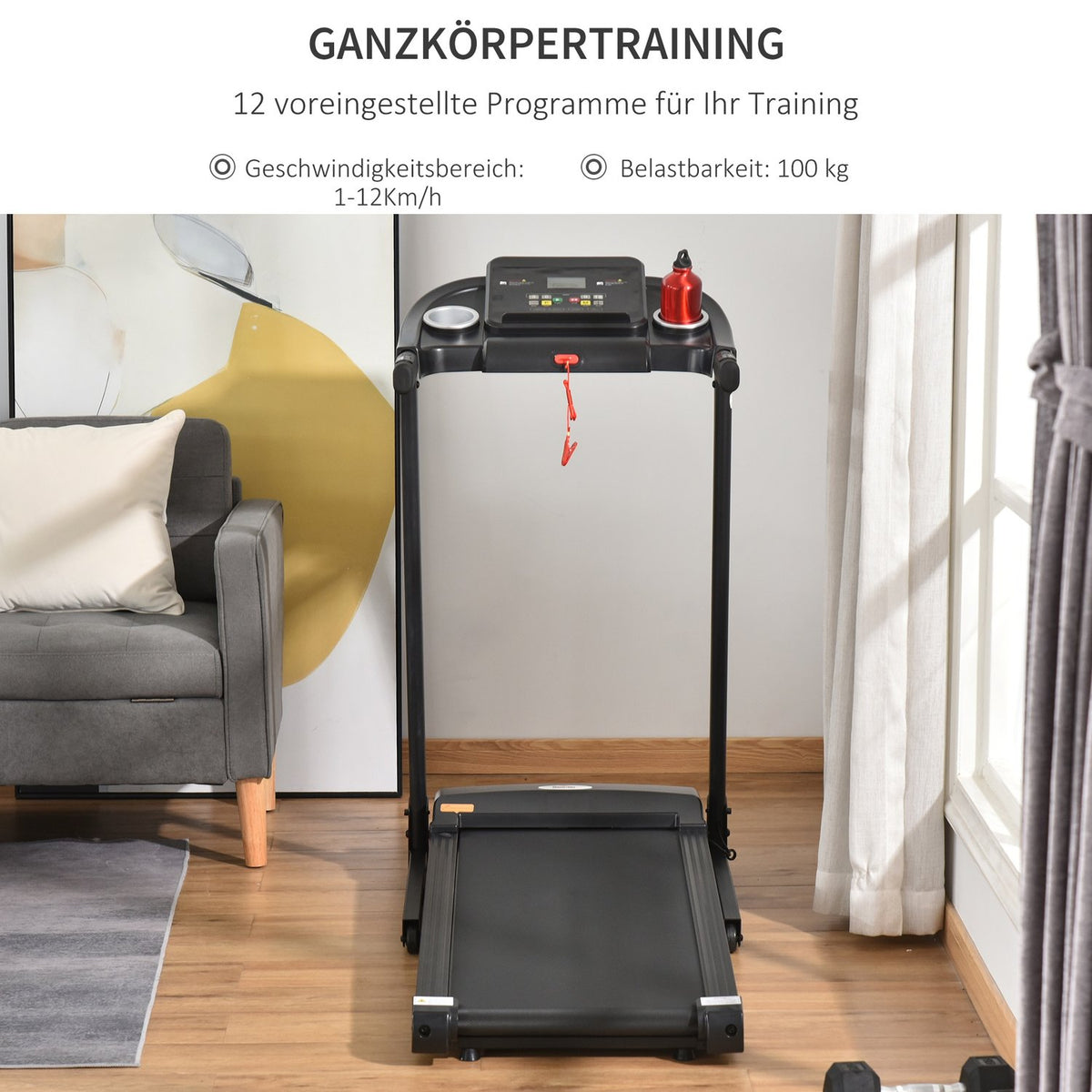 Electric Treadmill Foldable With 12 Programs, Led Display, Cup Holder & Mobile Phone Holder, For Home Gym