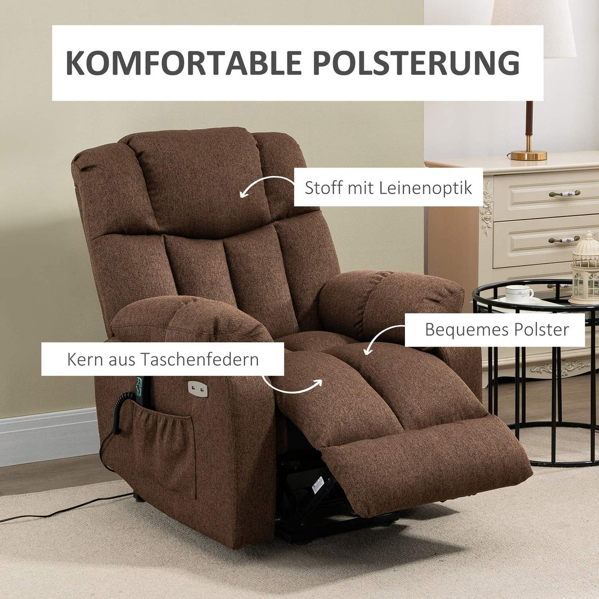 Electric Tv Chair With Stand Up Relax Chair With Remote Control With Power Cord 58W Brown Steel Polyester 92 X 95 X 107 Cm