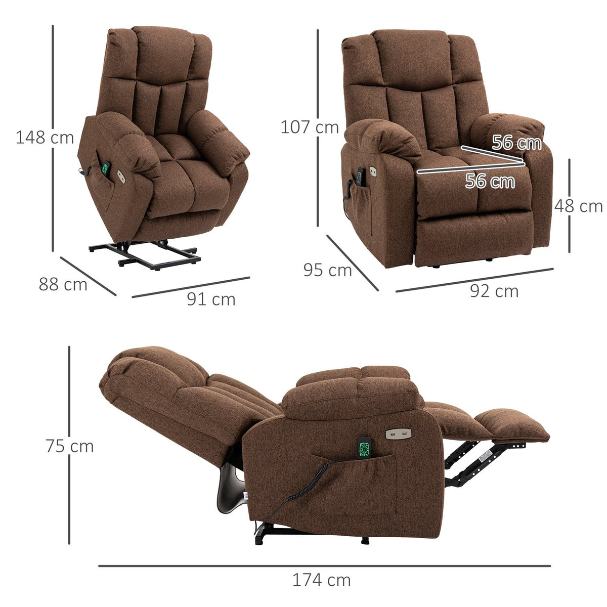 Electric Tv Chair With Stand Up Relax Chair With Remote Control With Power Cord 58W Brown Steel Polyester 92 X 95 X 107 Cm